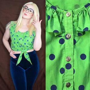 VTG Ruffle Collar Polkadot Cropped Tie Top Blouse